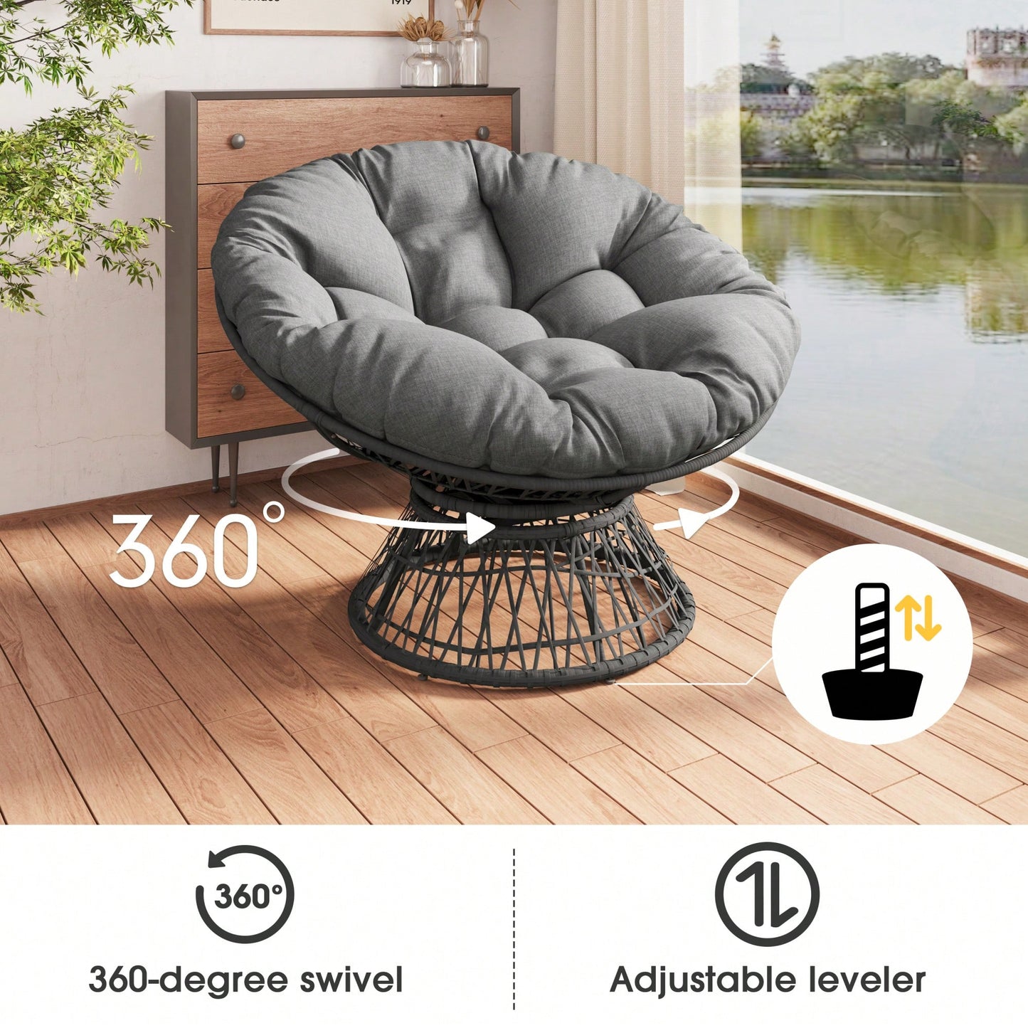 Ergonomic Wicker Swivel Chair With Thick Density Cushion And 3-Proof Cover For Living Room Bedroom Lounge Gray Base