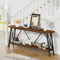 Extra Long 70.9 Inch Rustic Gray Console Table With 2 Tier Storage Shelves For Hallways Living Rooms And Entryways