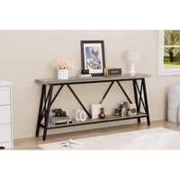 Extra Long 70.9 Inch Rustic Gray Console Table With 2 Tier Storage Shelves For Hallways Living Rooms And Entryways
