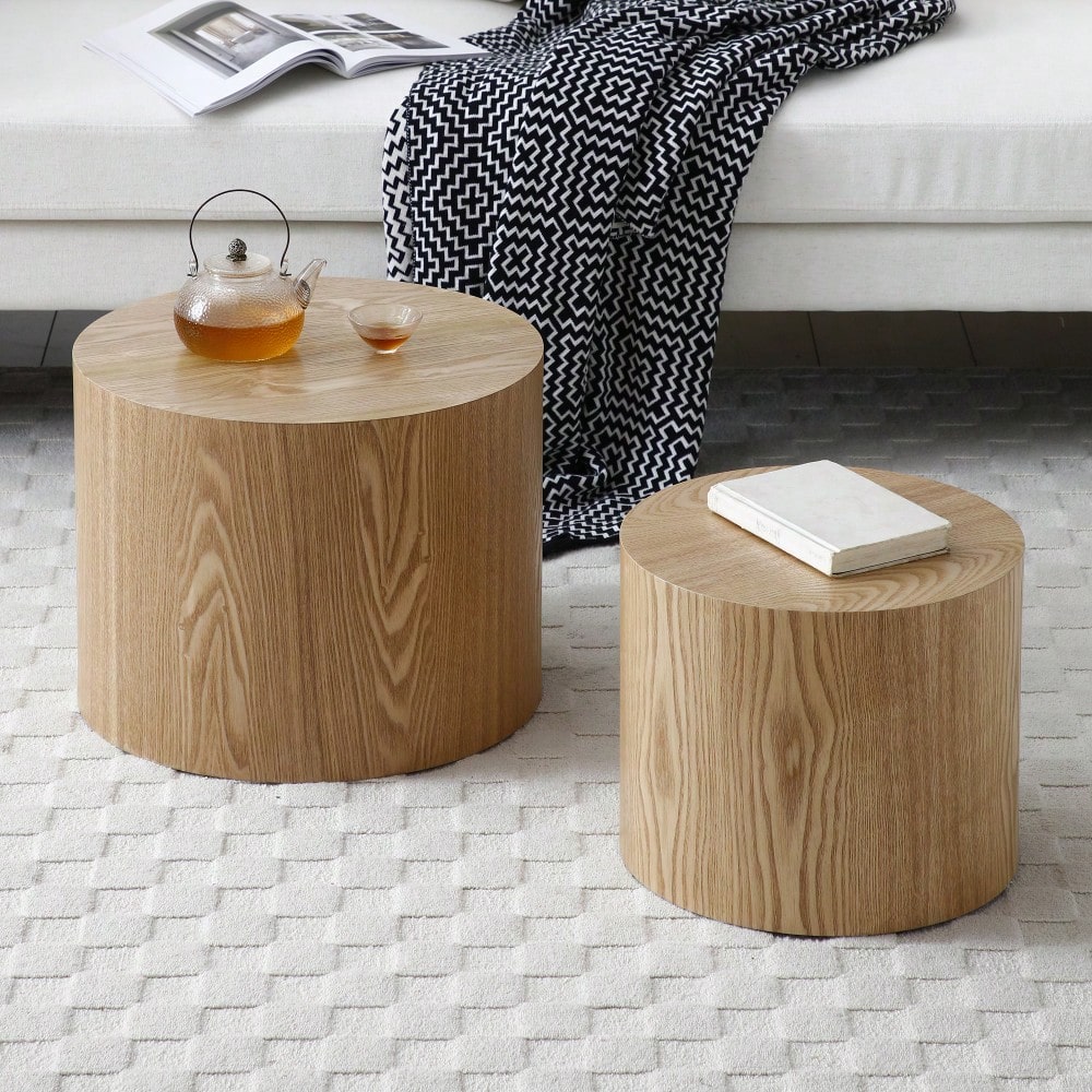 Nesting Round Coffee Table Set Of 2 For Living Room Office Bedroom MDF With Veneer Natural Finish Available In 4 Colors