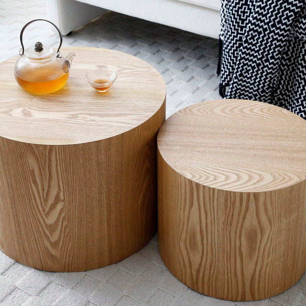 Nesting Round Coffee Table Set Of 2 For Living Room Office Bedroom MDF With Veneer Natural Finish Available In 4 Colors