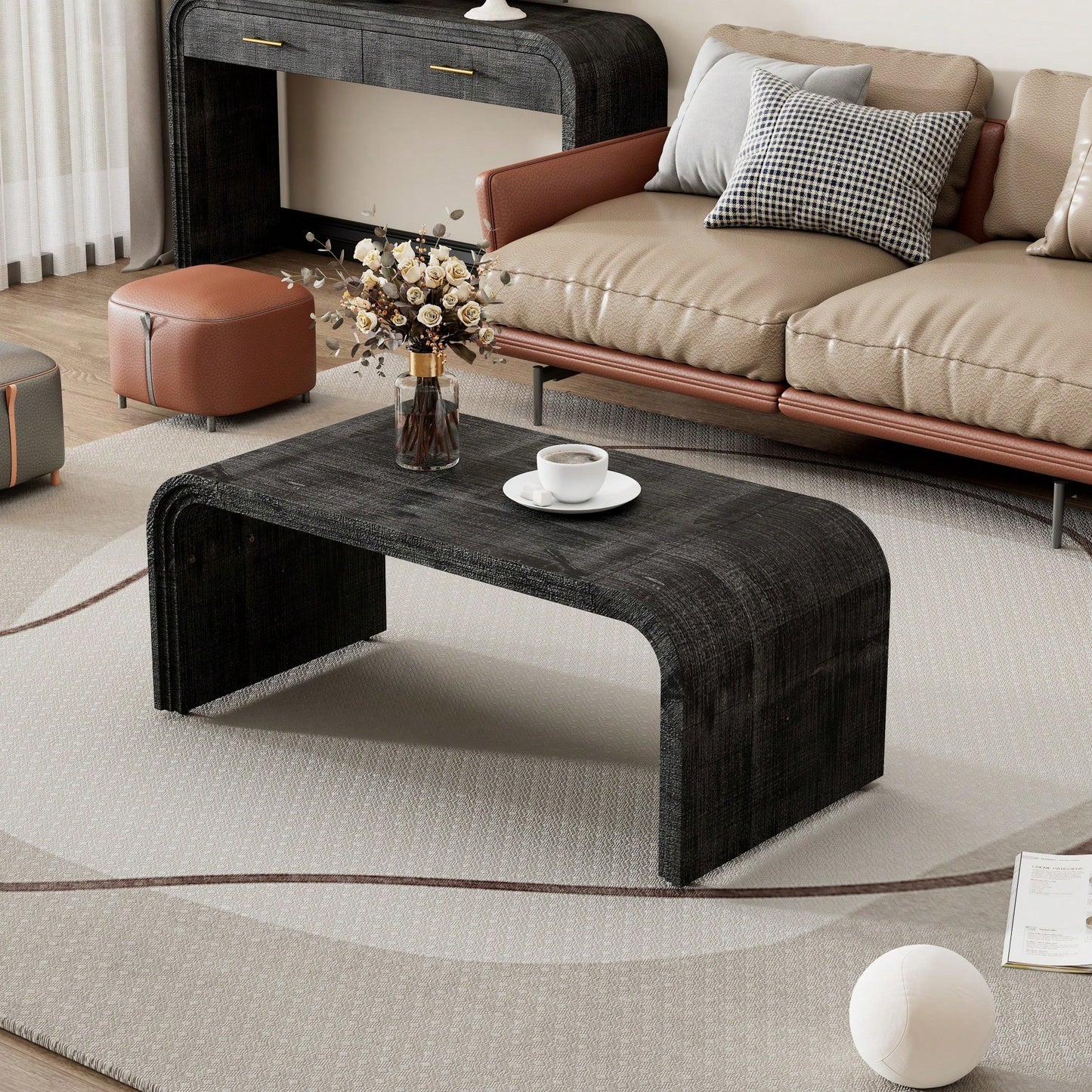 Curved Art Deco Minimalist Coffee Table For Living Room Or Dining Room Antique Black Finish