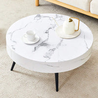Marble Round Coffee Table With Black Metal Legs And Adjustable Feet White