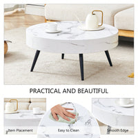 Marble Round Coffee Table With Black Metal Legs And Adjustable Feet White