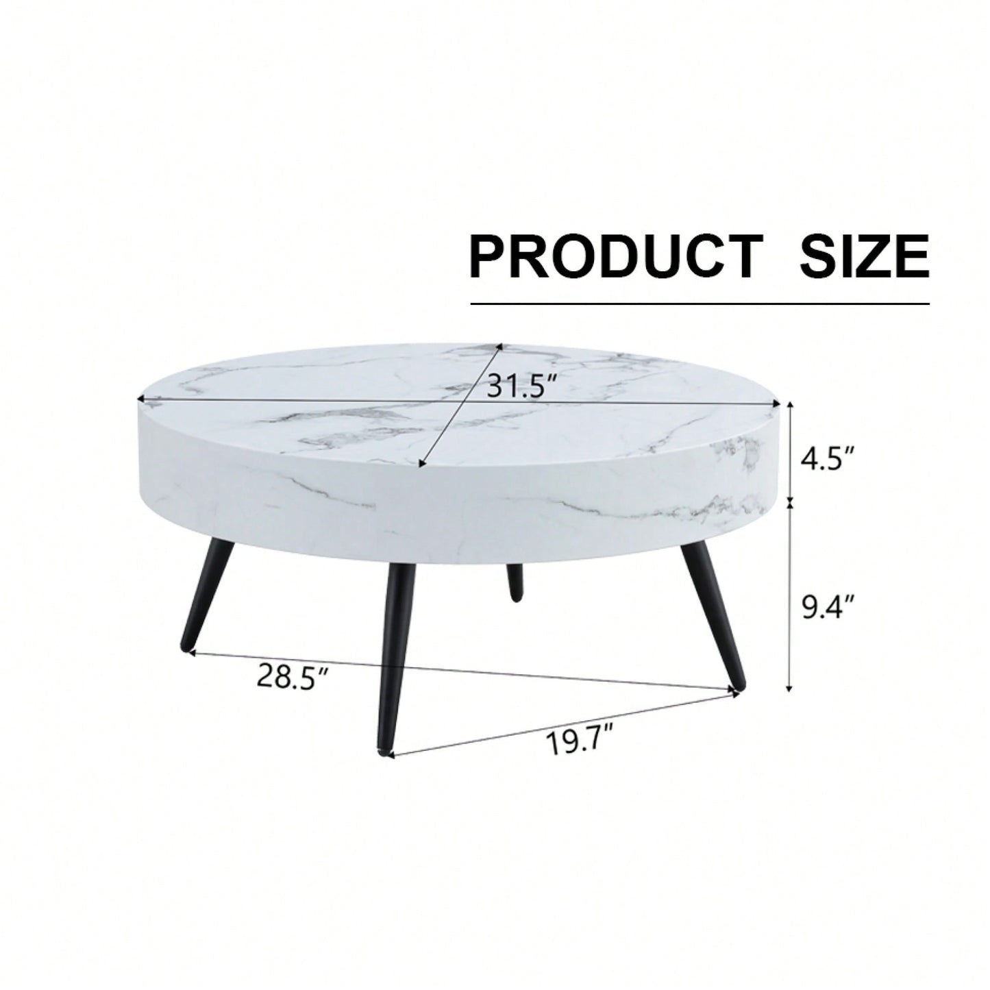 Marble Round Coffee Table With Black Metal Legs And Adjustable Feet White