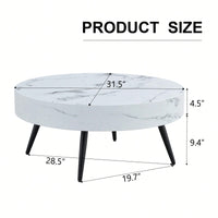 Marble Round Coffee Table With Black Metal Legs And Adjustable Feet White