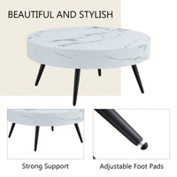 Marble Round Coffee Table With Black Metal Legs And Adjustable Feet White
