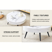 Marble Round Coffee Table With Black Metal Legs And Adjustable Feet White