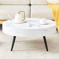 Marble Round Coffee Table With Black Metal Legs And Adjustable Feet White