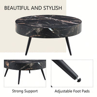 Marble Round Coffee Table With Black Metal Legs And Adjustable Feet White