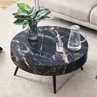 Marble Round Coffee Table With Black Metal Legs And Adjustable Feet White