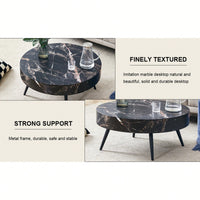 Marble Round Coffee Table With Black Metal Legs And Adjustable Feet White