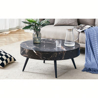 Marble Round Coffee Table With Black Metal Legs And Adjustable Feet White