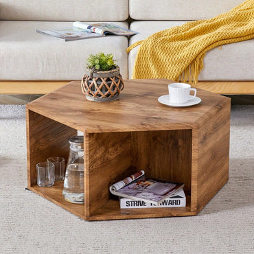 Hexagonal MDF Coffee Table With Unique Pattern Stickers And Multi-Hole Design For Enhanced Storage And Versatile Style