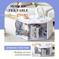 Hexagonal MDF Coffee Table With Unique Pattern Stickers And Multi-Hole Design For Enhanced Storage And Versatile Style