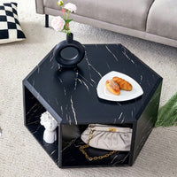 Hexagonal MDF Coffee Table With Unique Pattern Stickers And Multi-Hole Design For Enhanced Storage And Versatile Style