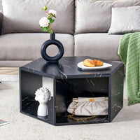 Hexagonal MDF Coffee Table With Unique Pattern Stickers And Multi-Hole Design For Enhanced Storage And Versatile Style