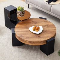 Modern Double-Layer Round Coffee Table With Transparent Gray Glass Top And Black MDF L-Shaped Legs Flexible Detachable Design