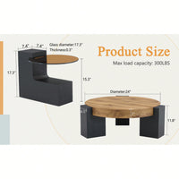 Modern Double-Layer Round Coffee Table With Transparent Gray Glass Top And Black MDF L-Shaped Legs Flexible Detachable Design
