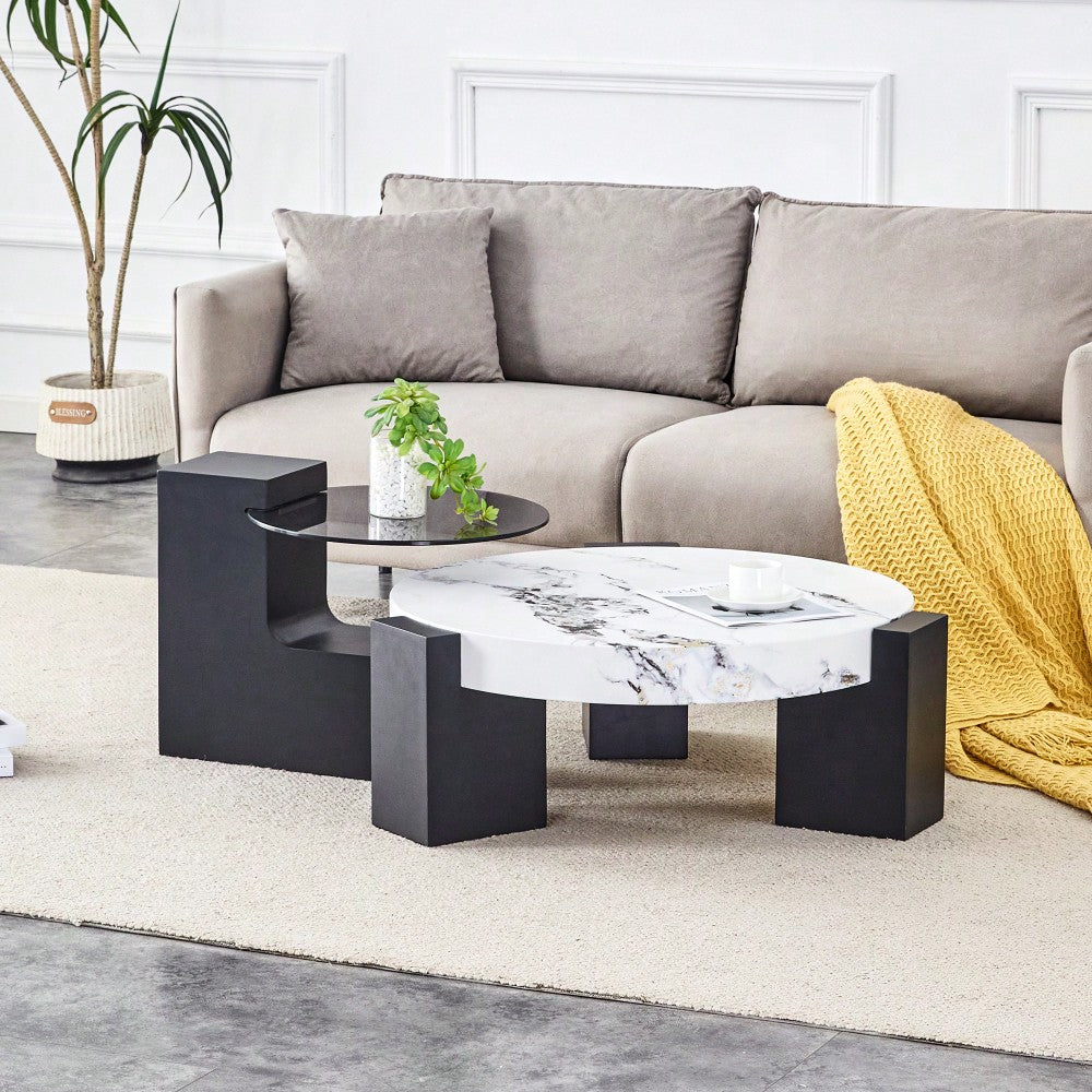 Modern Double-Layer Round Coffee Table With Transparent Gray Glass Top And Black MDF L-Shaped Legs Flexible Detachable Design