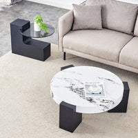 Modern Double-Layer Round Coffee Table With Transparent Gray Glass Top And Black MDF L-Shaped Legs Flexible Detachable Design