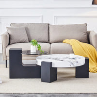 Modern Double-Layer Round Coffee Table With Transparent Gray Glass Top And Black MDF L-Shaped Legs Flexible Detachable Design