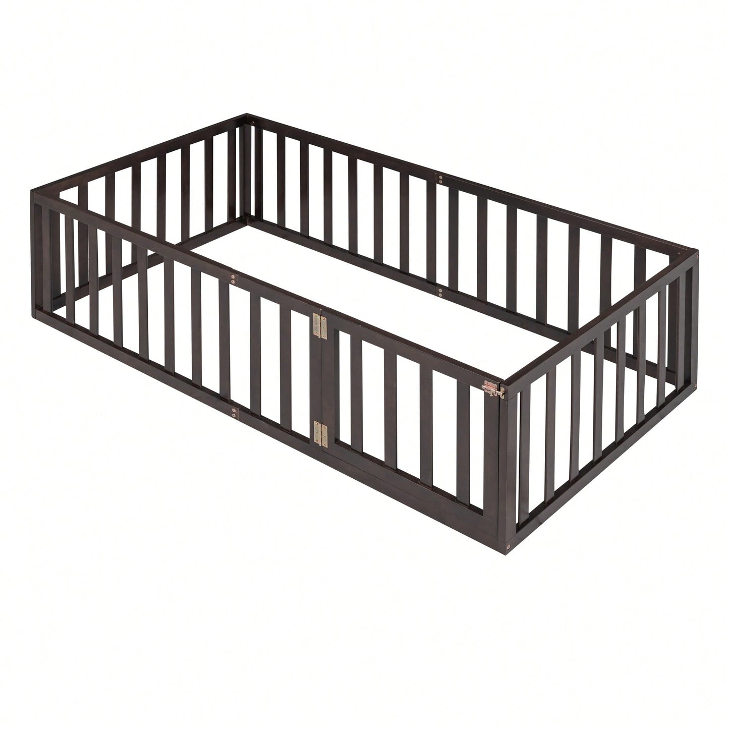 Twin Size Wooden Floor Bed Frame With Safety Fence And Door Natural