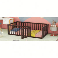 Twin Size Wooden Floor Bed Frame With Safety Fence And Door Natural