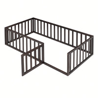 Twin Size Wooden Floor Bed Frame With Safety Fence And Door Natural