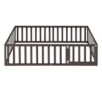 Twin Size Wooden Floor Bed Frame With Safety Fence And Door Natural