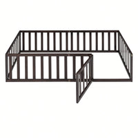 Twin Size Wooden Floor Bed Frame With Safety Fence And Door Natural