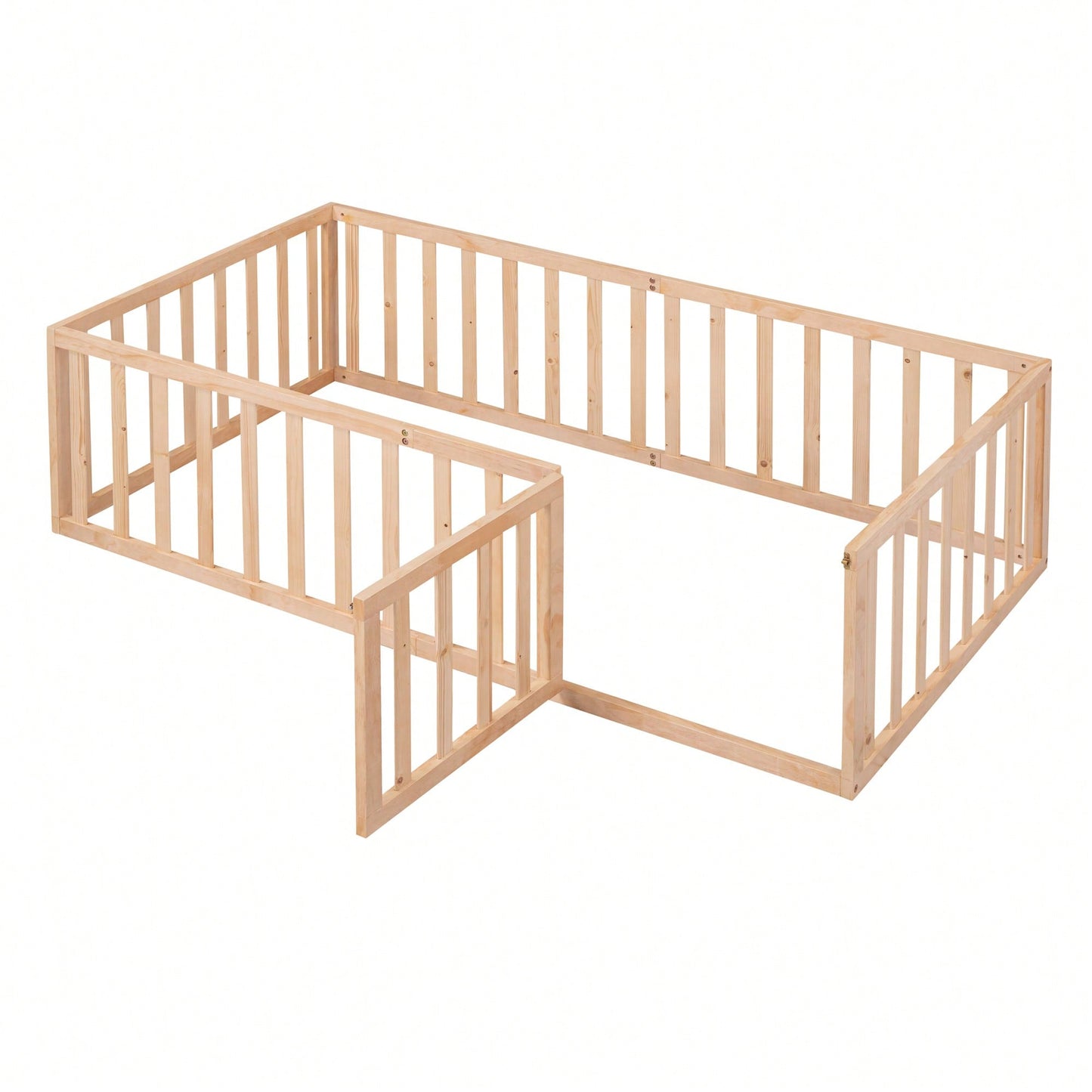 Twin Size Wooden Floor Bed Frame With Safety Fence And Door Natural