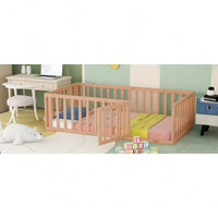 Twin Size Wooden Floor Bed Frame With Safety Fence And Door Natural