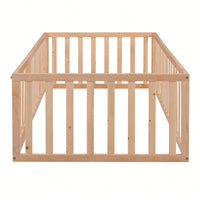 Twin Size Wooden Floor Bed Frame With Safety Fence And Door Natural