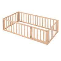 Twin Size Wooden Floor Bed Frame With Safety Fence And Door Natural