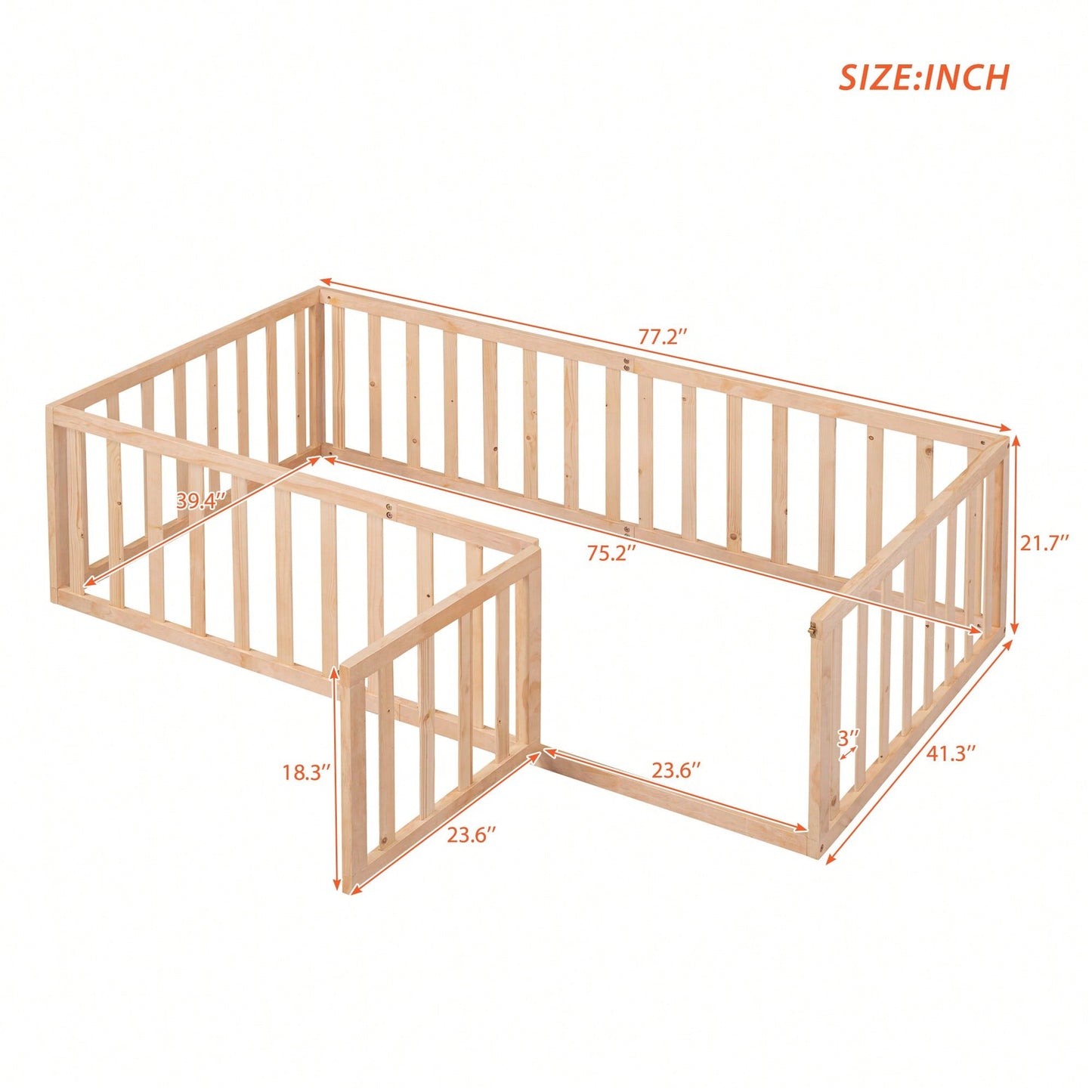 Twin Size Wooden Floor Bed Frame With Safety Fence And Door Natural