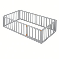 Twin Size Wooden Floor Bed Frame With Safety Fence And Door Natural