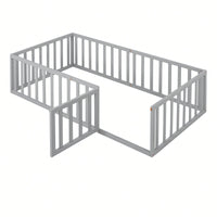 Twin Size Wooden Floor Bed Frame With Safety Fence And Door Natural