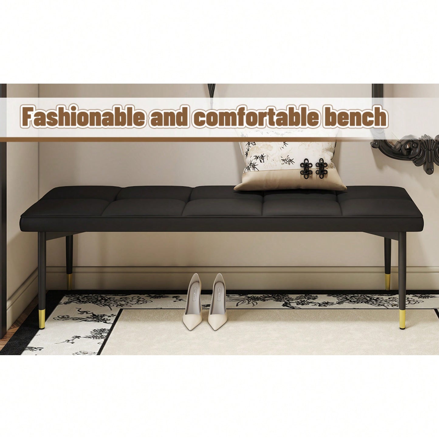 Multifunctional 59 Inch Black Shoe Bench With Faux PU Cushion And Sturdy Metal Legs For Bedroom Dining Room And Living Room Storage