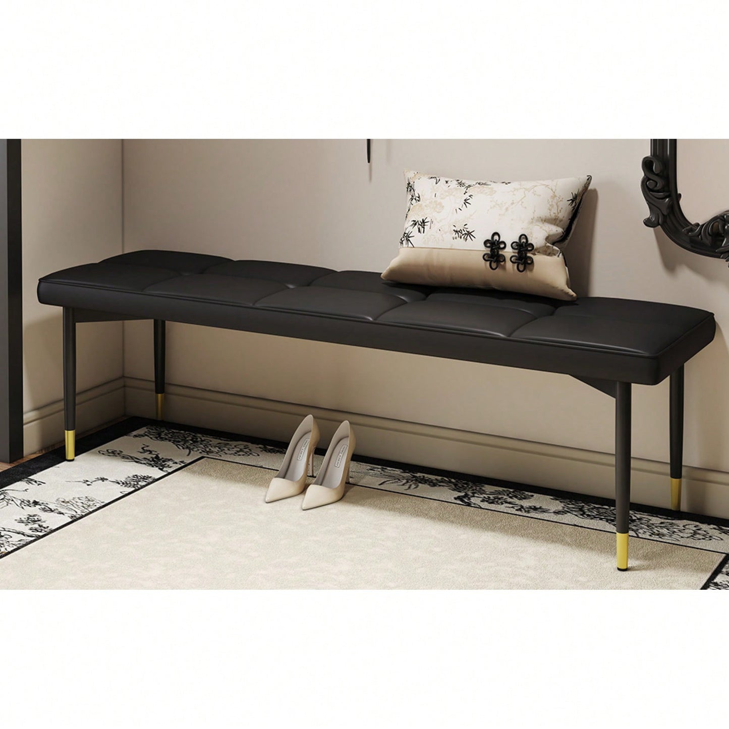 Multifunctional 59 Inch Black Shoe Bench With Faux PU Cushion And Sturdy Metal Legs For Bedroom Dining Room And Living Room Storage