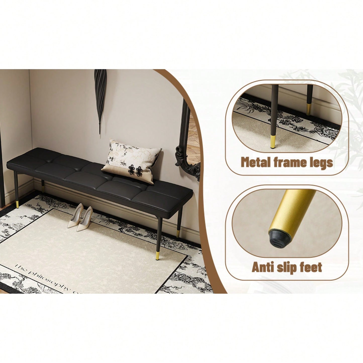 Multifunctional 59 Inch Black Shoe Bench With Faux PU Cushion And Sturdy Metal Legs For Bedroom Dining Room And Living Room Storage