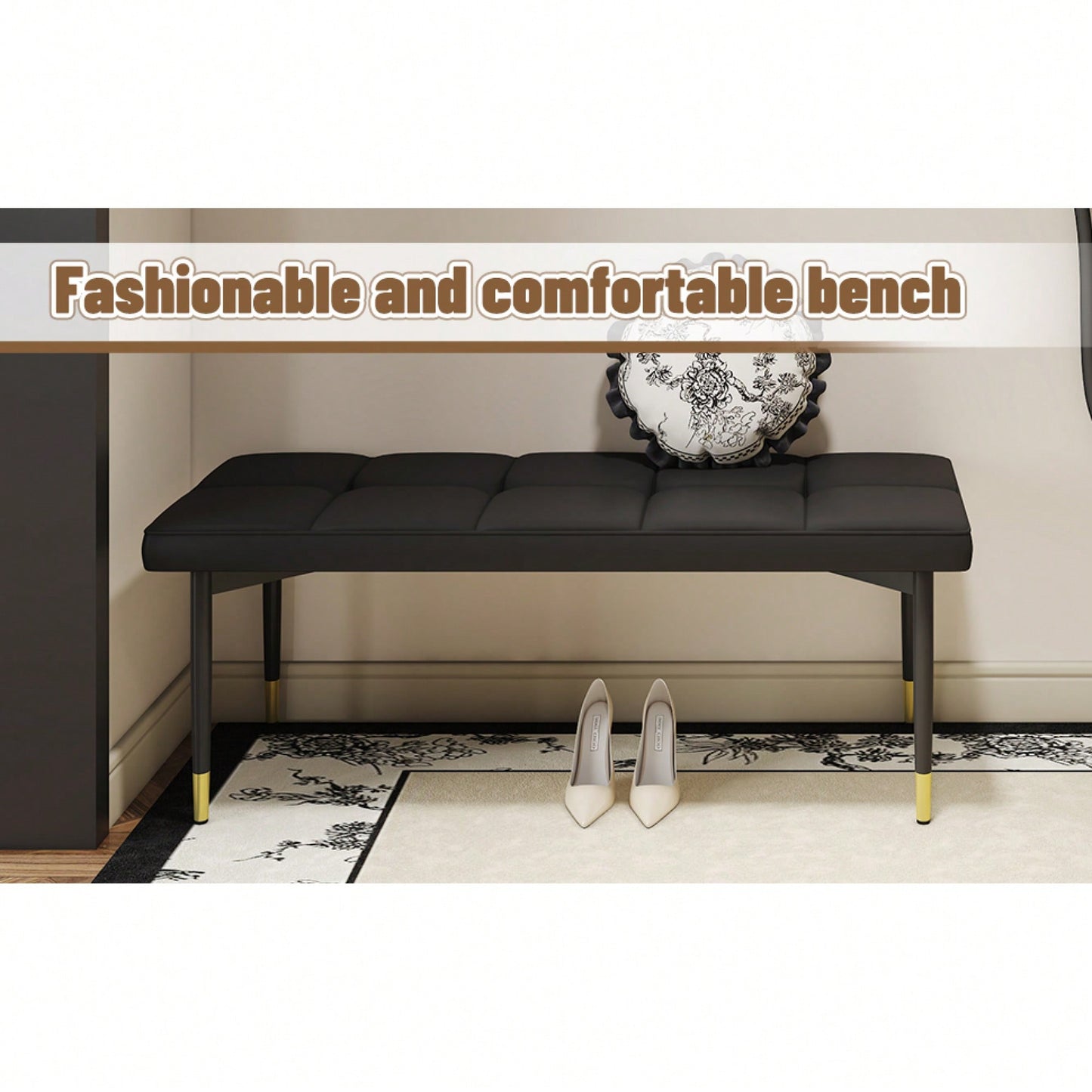 Multifunctional 47 Inch Black Shoe Bench With Faux PU Cushion And Sturdy Metal Legs For Bedroom Fitting Room Storage Room Dining Room And Living Room