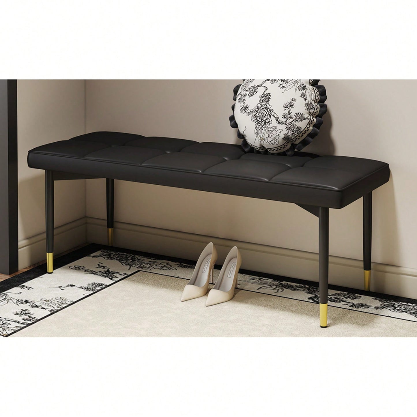 Multifunctional 47 Inch Black Shoe Bench With Faux PU Cushion And Sturdy Metal Legs For Bedroom Fitting Room Storage Room Dining Room And Living Room