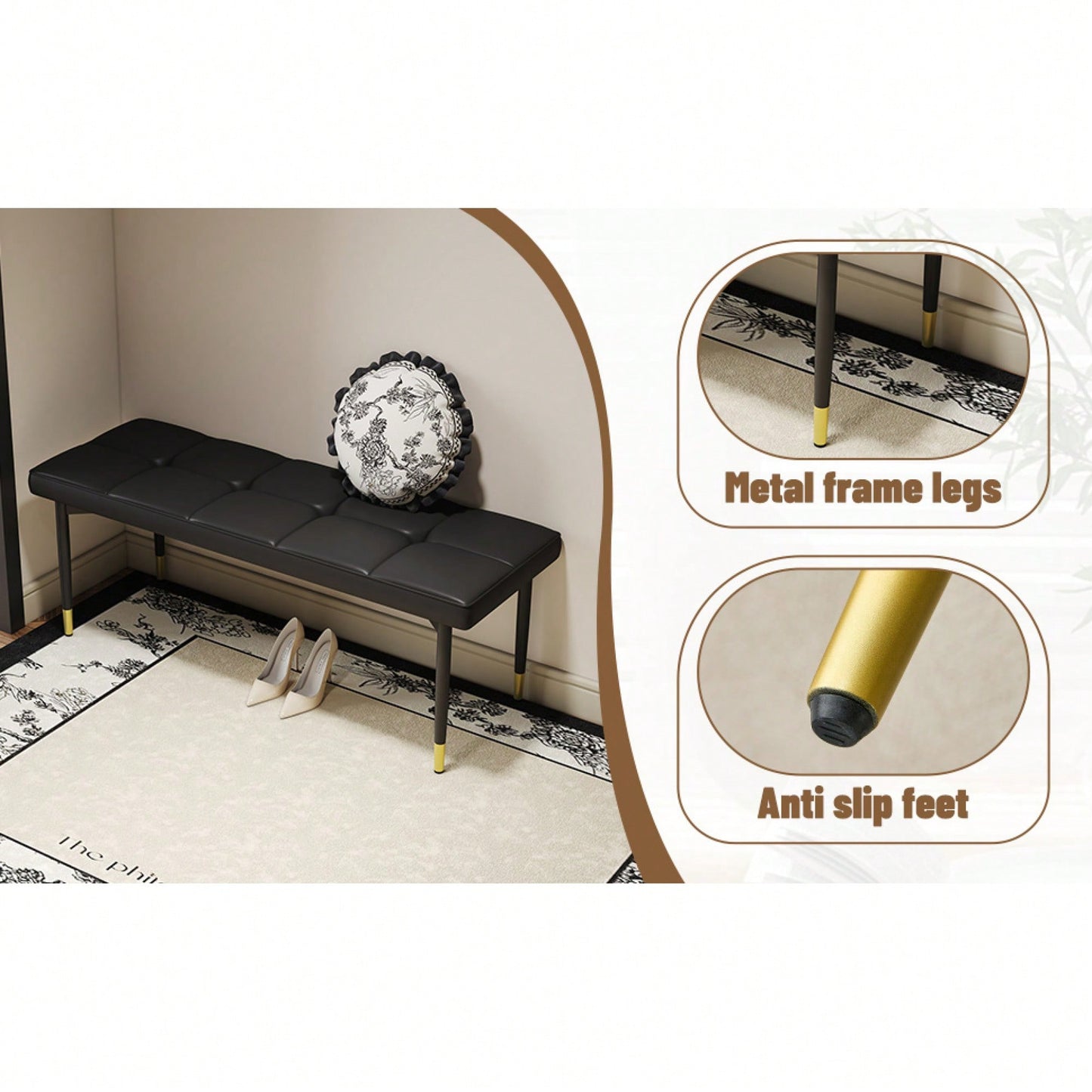 Multifunctional 47 Inch Black Shoe Bench With Faux PU Cushion And Sturdy Metal Legs For Bedroom Fitting Room Storage Room Dining Room And Living Room