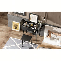 27.9 Inch Black Makeup Vanity Desk With LED Mirror And Charging Station, Dressing Table With 2 Drawers And Foldable Panel, Complete Vanity Set With Cushioned Stool For Bedroom