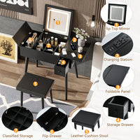 27.9 Inch Black Makeup Vanity Desk With LED Mirror And Charging Station, Dressing Table With 2 Drawers And Foldable Panel, Complete Vanity Set With Cushioned Stool For Bedroom