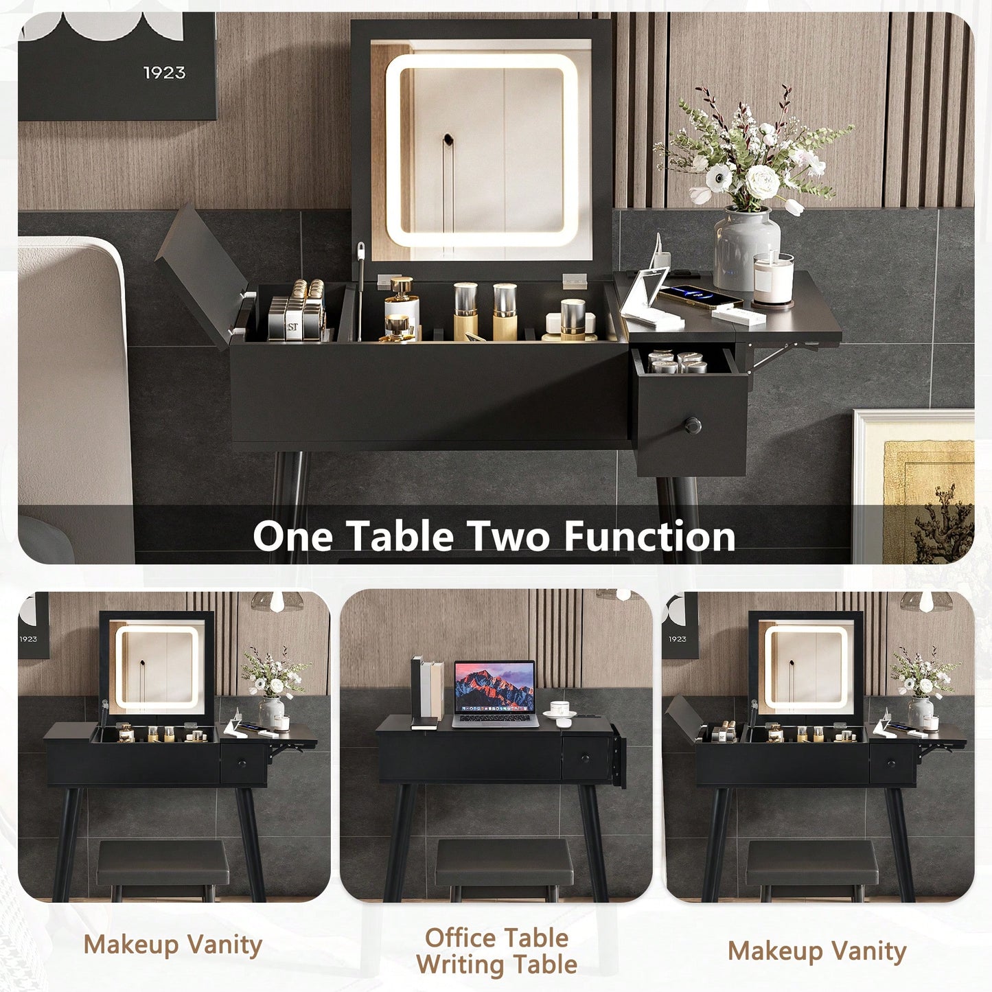 27.9 Inch Black Makeup Vanity Desk With LED Mirror And Charging Station, Dressing Table With 2 Drawers And Foldable Panel, Complete Vanity Set With Cushioned Stool For Bedroom