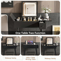 27.9 Inch Black Makeup Vanity Desk With LED Mirror And Charging Station, Dressing Table With 2 Drawers And Foldable Panel, Complete Vanity Set With Cushioned Stool For Bedroom