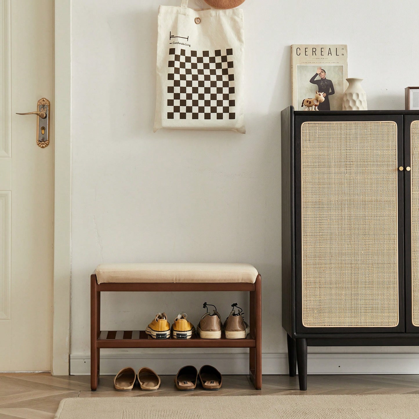 Walnut Solid Wood Shoe Bench With Beech Wood Storage Rack And High Rebound Sponge Cushion