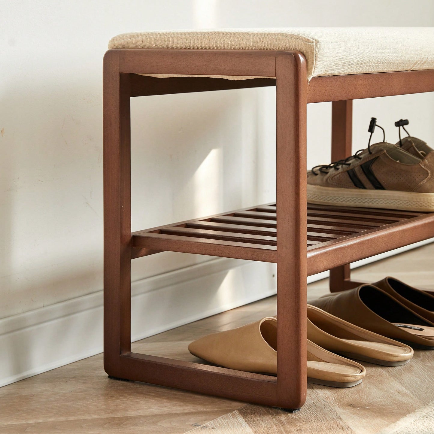 Walnut Solid Wood Shoe Bench With Beech Wood Storage Rack And High Rebound Sponge Cushion